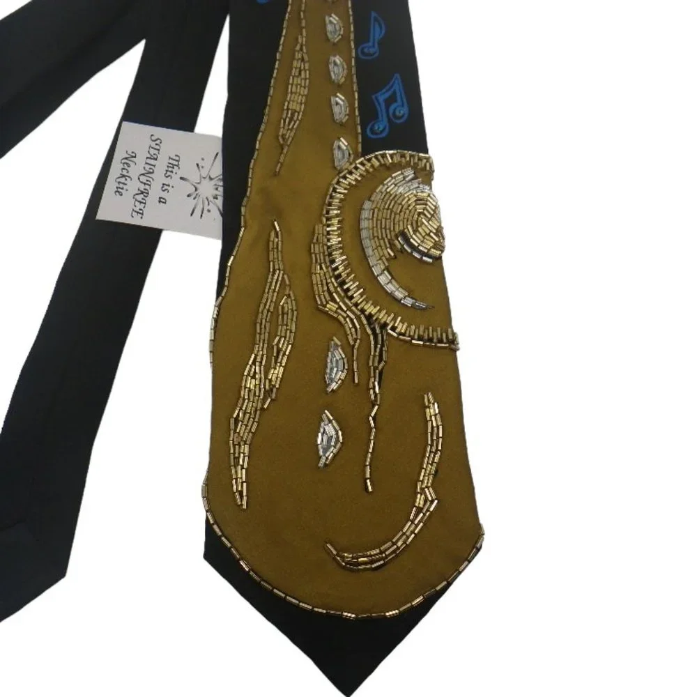 Black Silk Necktie with Gold Beaded Jazz Saxophone, Fun Music Tie, Orchestra NWT